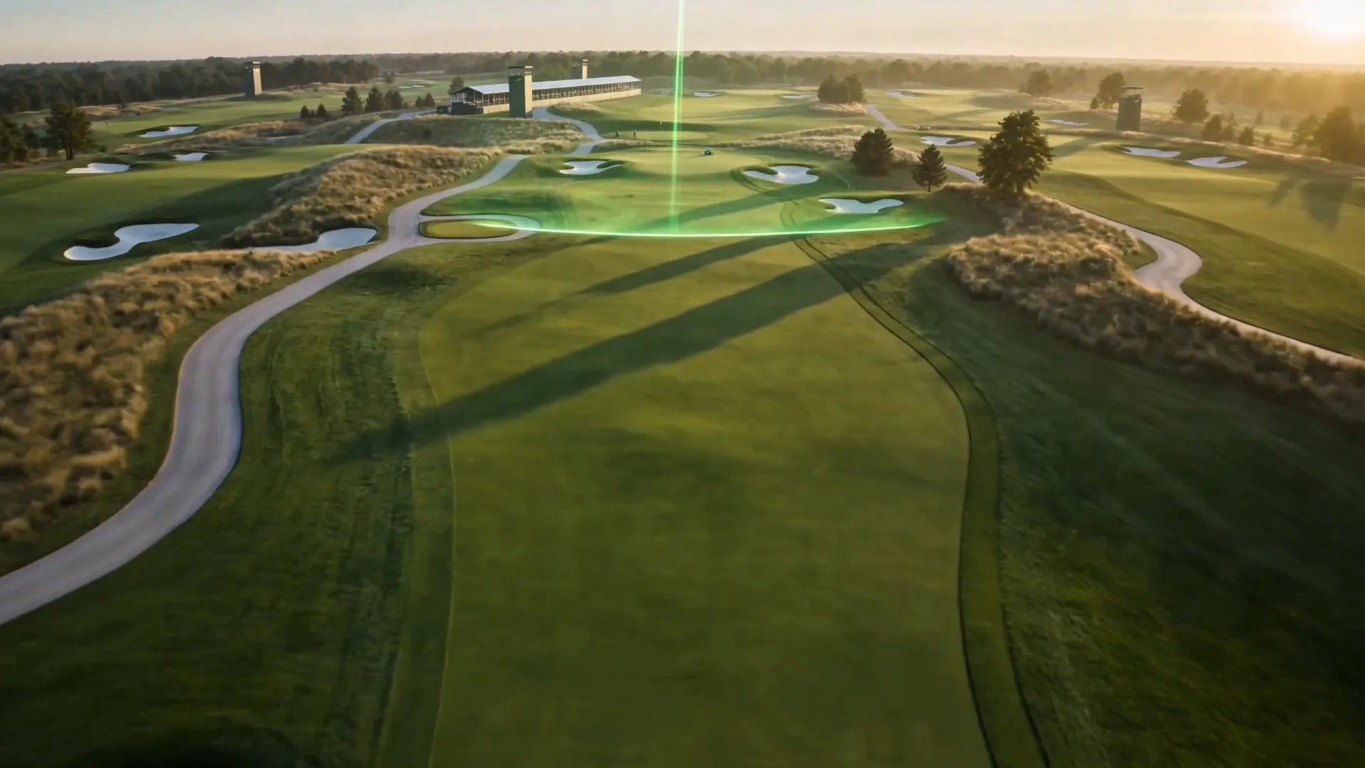 Aerial view of a golf facility at dawn with the NXTektal operating layer scanning the grounds