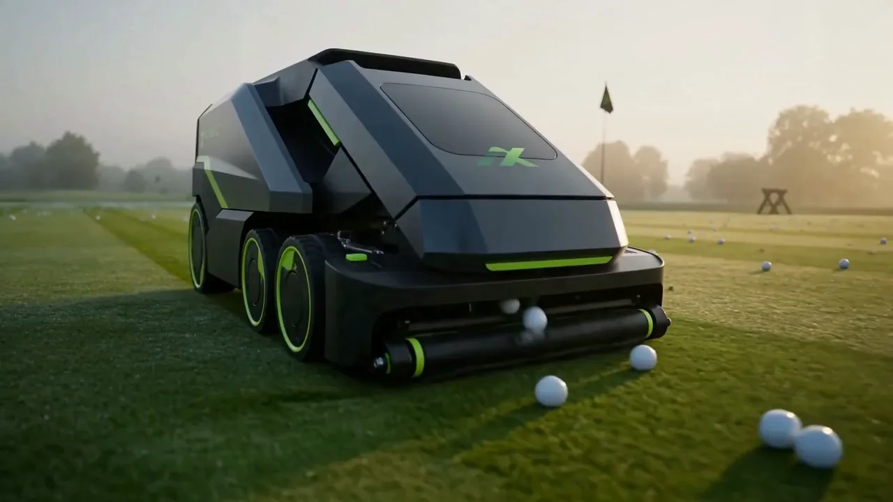 NXTektal collection robot sweeping scattered range balls into its front roller picker on a driving range at dawn