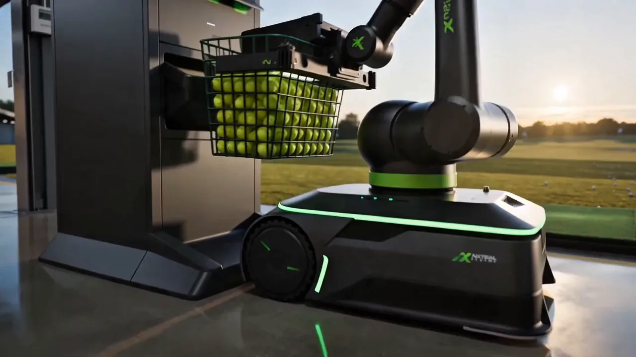 A robotic arm at the NXTektal handoff station tipping a loaded basket of range balls into the ball-handling system's intake